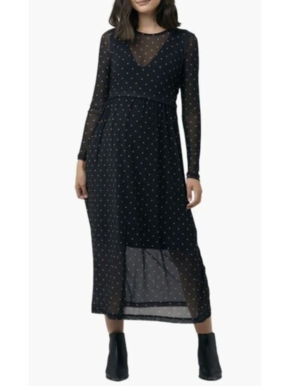 Ripe Maternity Dot Pattern Long Sleeve Maternity Dress – Black– Size M
